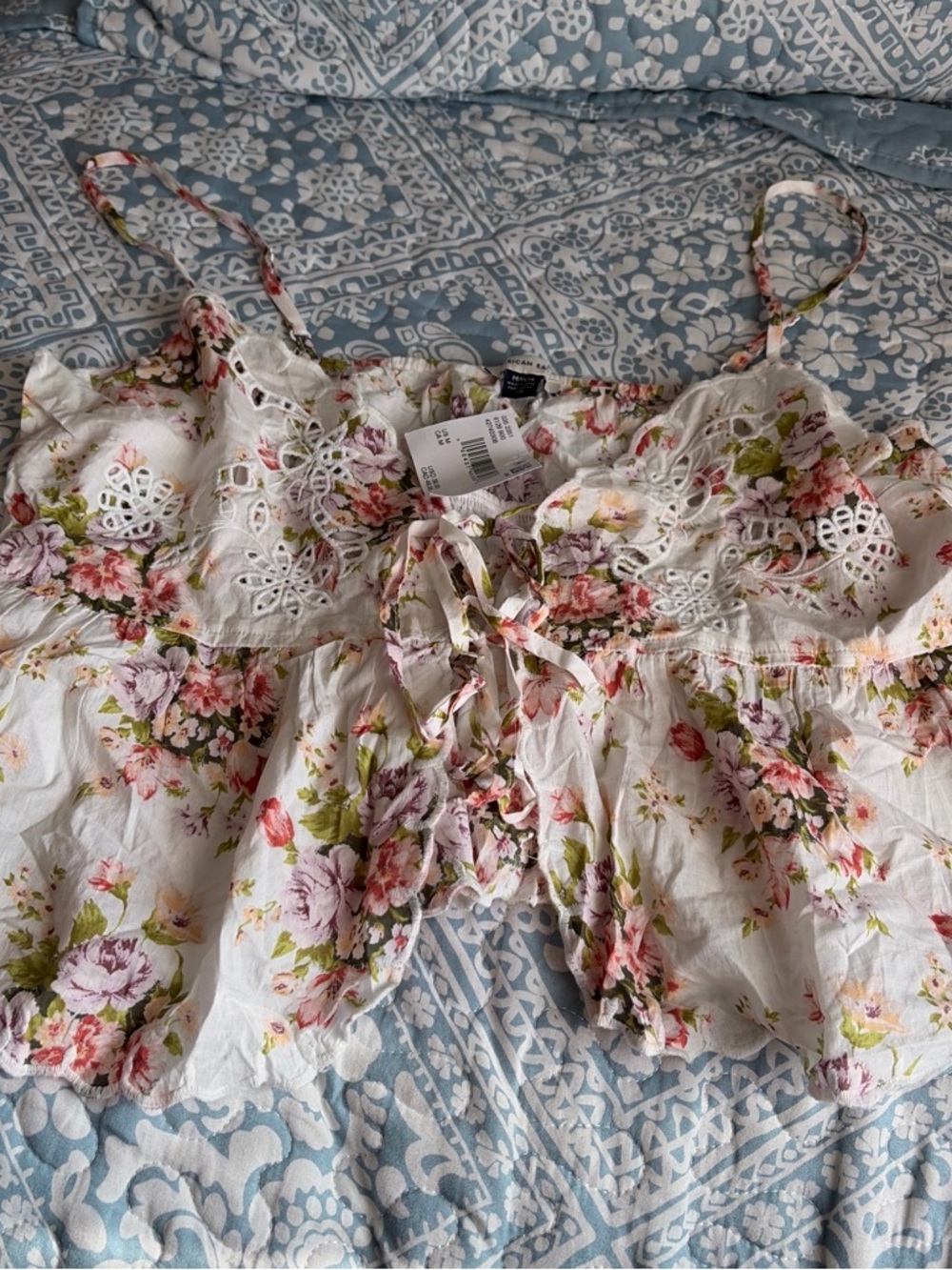 American Eagle Outfitters White Floral Eyelet Tie-Front Camisole